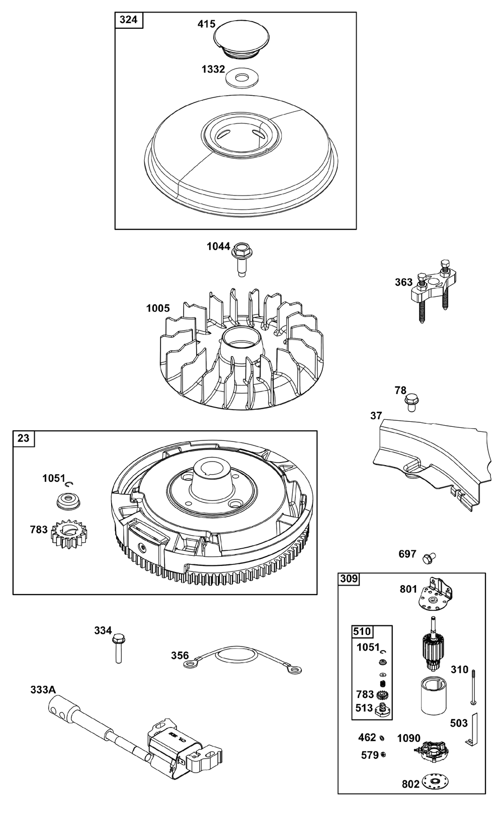 Flywheel, Ignition, And Starter Group Diagram and Parts List for 33S877-0033-B5 200000 - 399999 Briggs and Stratton Engine